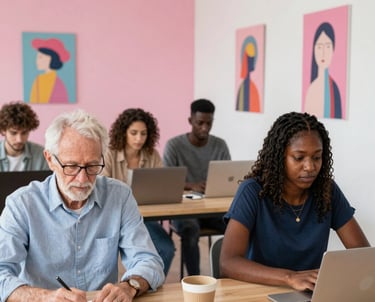 A lively virtual workshop scene with participants engaging on screens, accented by pink, black, and white design elements.