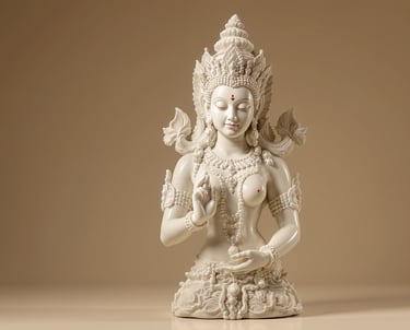 A finely carved limestone statue of a serene goddess adorned with intricate jewelry and an elaborate