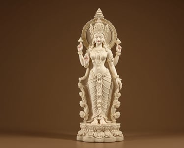 A beautifully carved limestone statue of Dewi Sri standing on a lotus base with serene expression an
