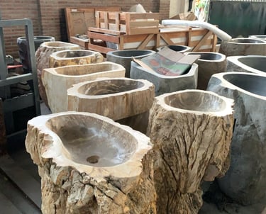 Natural petrified wood wash basins with polished interiors — Part of Arcanum