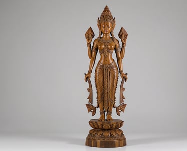 Hand-carved teakwood statue of a four-armed goddess figure standing gracefully on a lotus pedestal,
