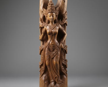 Hand-carved teakwood relief sculpture of a serene goddess figure emerging gracefully from a tree
