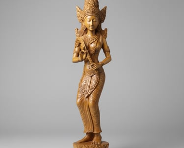 Intricately hand-carved teakwood statue of a serene goddess figure with fine ornamental details, sta