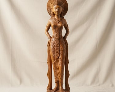 Intricately hand-carved teakwood sculpture of an apsara standing gracefully with serene expression,