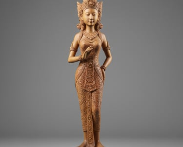 Hand-carved teakwood statue of a serene goddess figure standing gracefully on a round pedestal, deta