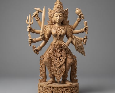 Intricately hand-carved teakwood statue of a multi-armed goddess embodying divine balance, holding s