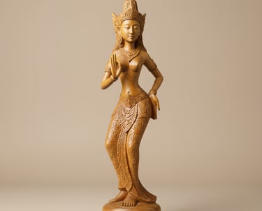 Hand-carved teakwood statue of an Apsara dancer, featuring detailed traditional patterns and smooth