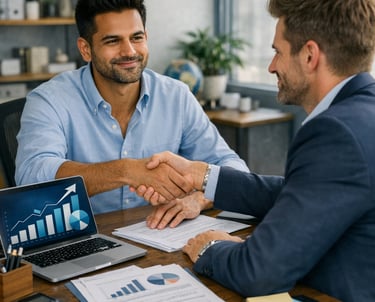 Professional business partners shaking hands over a desk with financial growth charts on a laptop screen.
