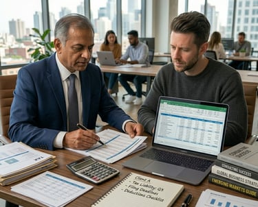 A professional accountant and client reviewing financial tax documents and spreadsheets in a modern office.