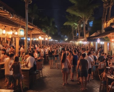 A brightly lit street scene featuring oversized neon signs and lively crowds.