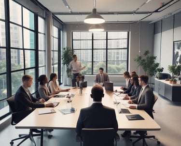 A professional team meeting in a modern office.