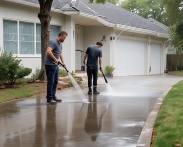 A sunlit patio with terracotta tiles is adorned with cleaning equipment, including a wet and dry vacuum, containers of cleaning solutions, and a pressure washer. A portion of a white car is visible near a hedge-lined driveway, while lush green vegetation and a manicured lawn provide a backdrop.