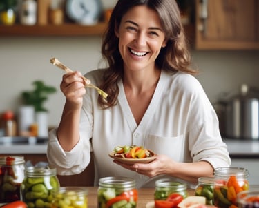 A close-up of a jar filled with a variety of pickled vegetables immersed in liquid. Visible vegetables include a slice of carrot, a piece of cauliflower, and segments of bell pepper. The colors are vibrant and the jar is glass, showcasing the contents clearly.