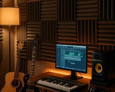 home studio wedge acoustic foam panels on wall. Soundproof panel