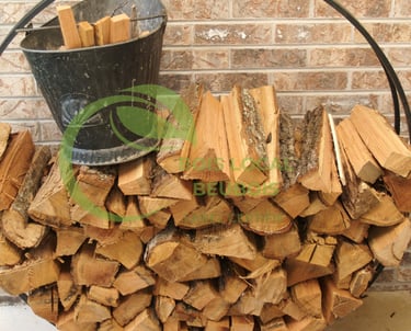 un seau avec du bois dedans posé sur un tas de bûches