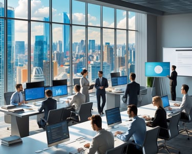 a group  of people  sitting at desks in a conference room