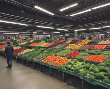A vibrant market stall displays an assortment of fresh vegetables and packaged food items. Tomatoes, cucumbers, eggplants, and chillies are neatly arranged on blue trays. Various leafy greens and bundled herbs are piled in front, alongside packaged corn. The colorful produce is set against a rustic wooden table.