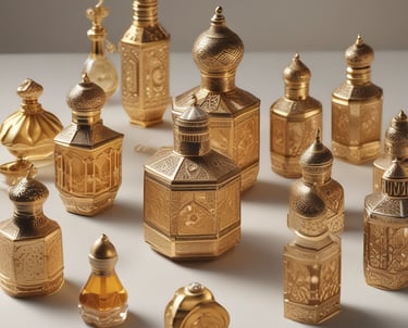 A luxurious perfume bottle with a metallic cap and amber-colored liquid, featuring an ornate and stylish label displaying intricate designs. It is placed on a dark, reflective surface.