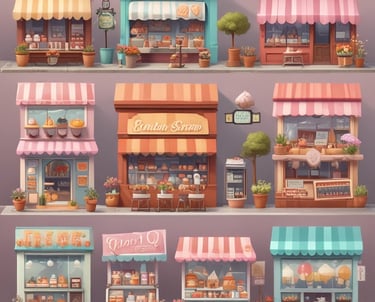 A collage of various small business ideas like a bakery, flower shop, and ice cream stand.