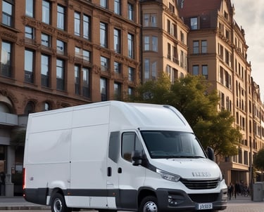 A bright orange van is parked on the side of a road with directional signs above, guiding towards Germiston and Primrose on Victoria Street. The van is set against a partly cloudy sky and some visible buildings, showcasing urban elements. A few passengers are inside the van.