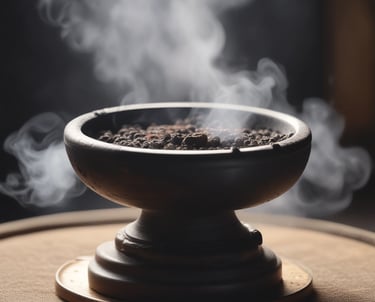 A serene image featuring two glass jars with scented candles on a wooden tray. Smoke gently rises from the burning candle labeled 'A scent of Firewood Figs', creating a calming atmosphere. A small, round dish nearby holds spent wooden matches. In the background, blurred greenery from a potted plant adds a hint of nature.