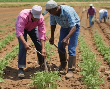 A vast agricultural field with rows of green crops stretching toward the horizon. In the foreground, a large tree trunk with hanging branches is visible, standing adjacent to a paved road. The background features distant mountains under a clear, bright blue sky.