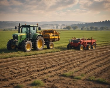 Several agricultural fields are visible in an aerial view with geometric patterns. The fields are separated by thin dirt roads or embankments and display different colors due to variations in crop types, soil, or water conditions.