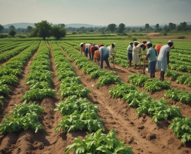 Aerial view of a field where people are engaged in agricultural activities. There are patches of grass arranged in an orderly manner and several individuals are scattered across the field. The surrounding area is lush green, indicating healthy vegetation.