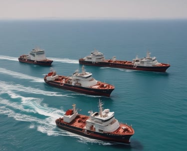 Several large dump trucks and an excavator are operating in an open-pit mine, with dusty and rocky terrain surrounding them. A drilling machine is also visible, indicating active mining activities.