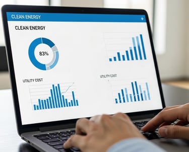 a person using a laptop computer screen displaying a clean energy efficiency