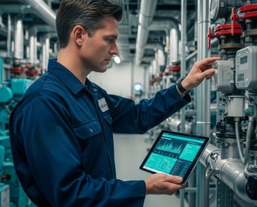 a man in a blue uniform is holding a tablet computer checking HVAC system.