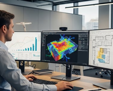 a man sitting at a desk with a computer monitor and a computer assessing energy consumption