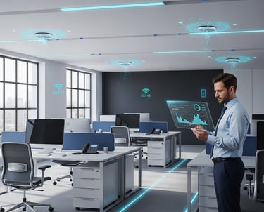 a man standing in a room with a laptop and a tablet for smart IoT