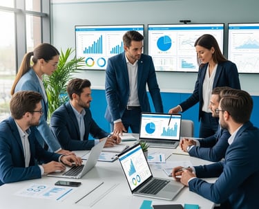 a group of workers in an energy company with a blueprinted energy plan for energy consulting
