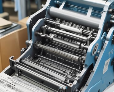 A large digital printing machine inside a room, producing a vivid banner with pink, black, and white colors. The machine has a blue exterior with multiple control buttons and switches, situated against a neutral-colored wall with a few posters and signs.