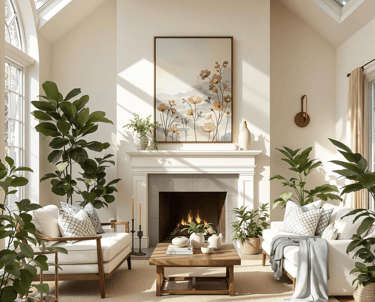 Bright living room with plants, skylight, and floral canvas wall art – URunique21 contact page