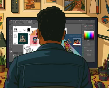 Man illustrating a colorful character design on a digital drawing tablet