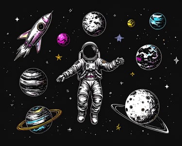 spaceman in deep space surrounded by planets, stars and rockets
