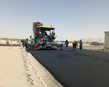 earthworks asphalt paving road construction أعمال تسوية قشط حفر، رصف أسفلت وتخطيط مواقف