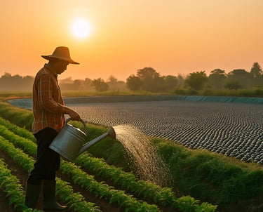 Un agriculteur en train d’arroser un champ à côté de son bassin d’eau protégé par les shade balls 