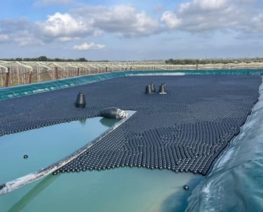 Bassin industriel partiellement couvert par des Shade Balls noirs pour réduire l'évaporation, amélio