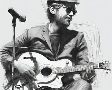 a man with a guitar and a microphone