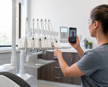 Dental office staff using a smartphone for remote dental equipment troubleshooting