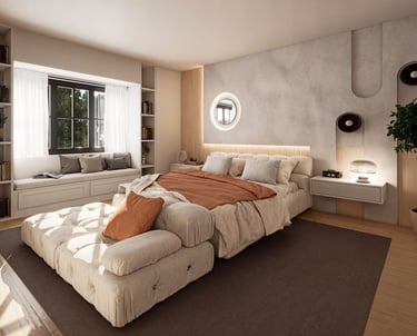 Modern bedroom with a window seat, built-in bookshelves, textured walls, and a low-profile tufted bed