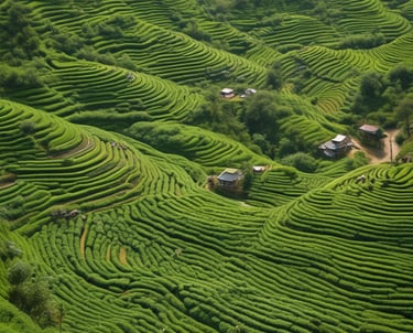 Workers wearing traditional hats are bent over in a vast, lush green tea plantation, picking leaves. The clear blue sky creates an expansive backdrop, and each row of the field is filled with people engaged in labor. Their clothing is simple and functional, suitable for outdoor work.
