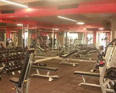Strength training zone at FitX1 Bangalore featuring a wide range of free weights, power racks, and p