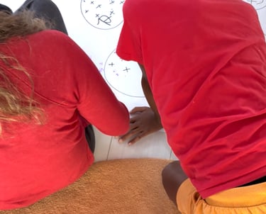 adult and child in red shirt working on math 