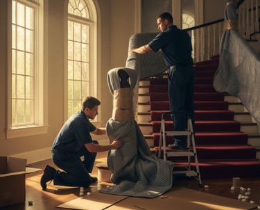 a man and woman moving boxes on stairs