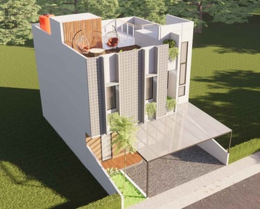Visualisasi 3D fasad rumah modern tropis artistik dan mewah