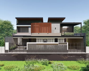 Desain rumah Mrs. Fitri, karya Raga Architect, menghadirkan hunian dua lantai dengan nuansa hangat d